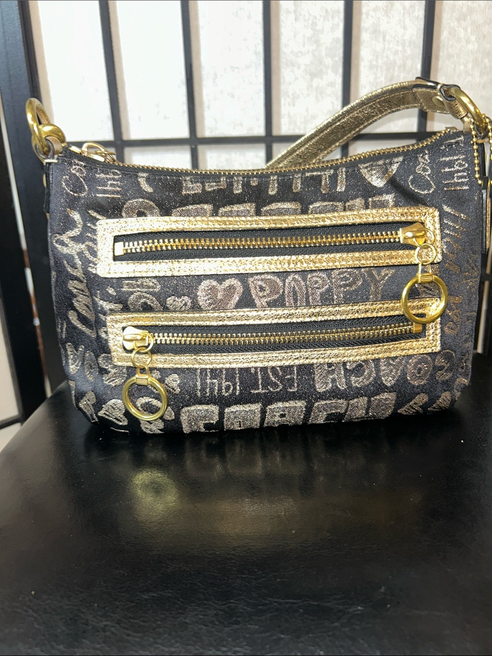 Coach Poppy Black and Gold Mini Shoulder Bag with Zip Front Pocket